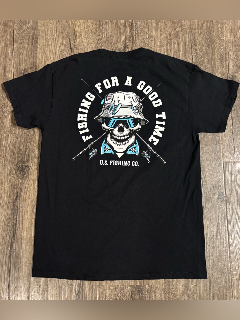 U.S. Fishing Co. "Fishing for a Good Time" Graphic T-Shirt Black Skull Mens Med
